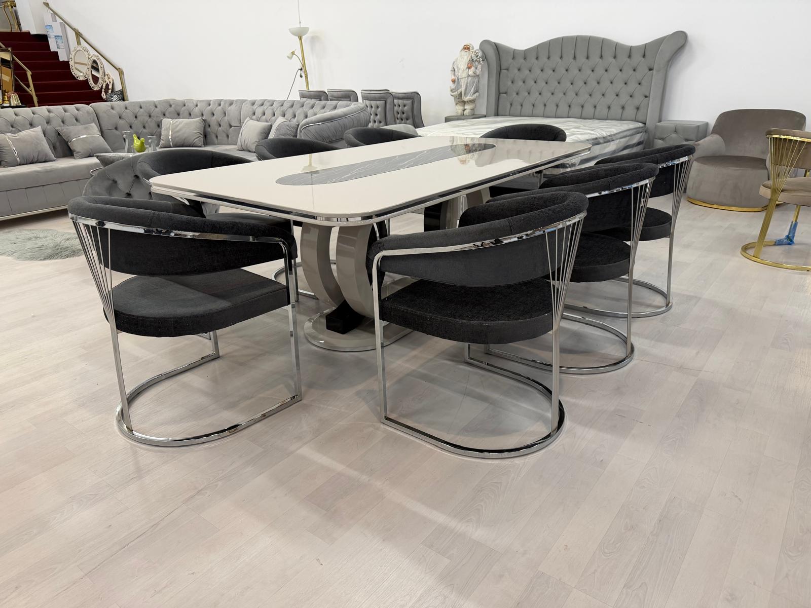 ARZÉN étkező asztal(220*120*78cm) 8 db sötét szürke székkel